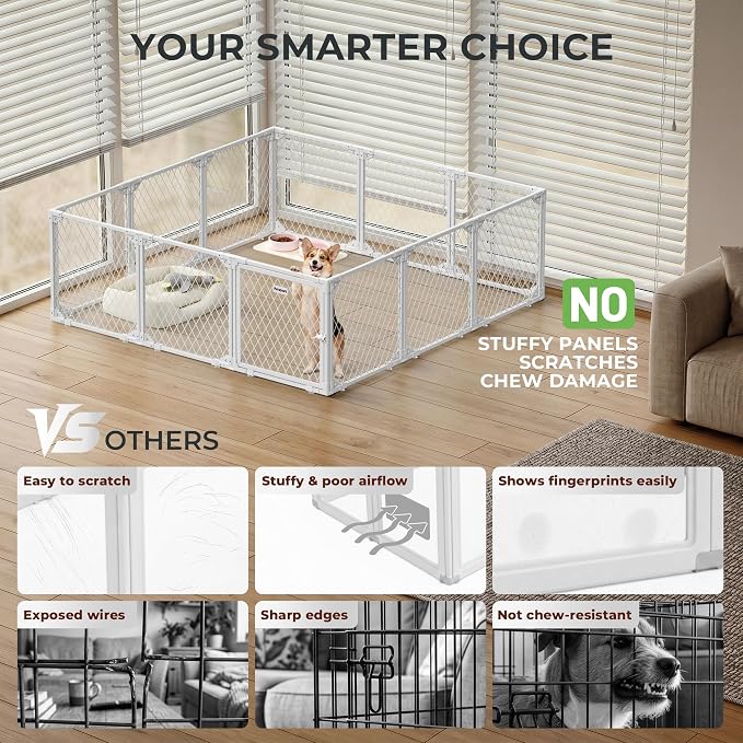 Dog Playpen Indoor - 24" Height 8 Panel Diamond Mesh Chew Resistant Puppy Playpen, Tool-Free Assembly, Dog Exercise Pen Indoors for Puppies and Small Dogs & Pets, Portable White Metal Dog Pen