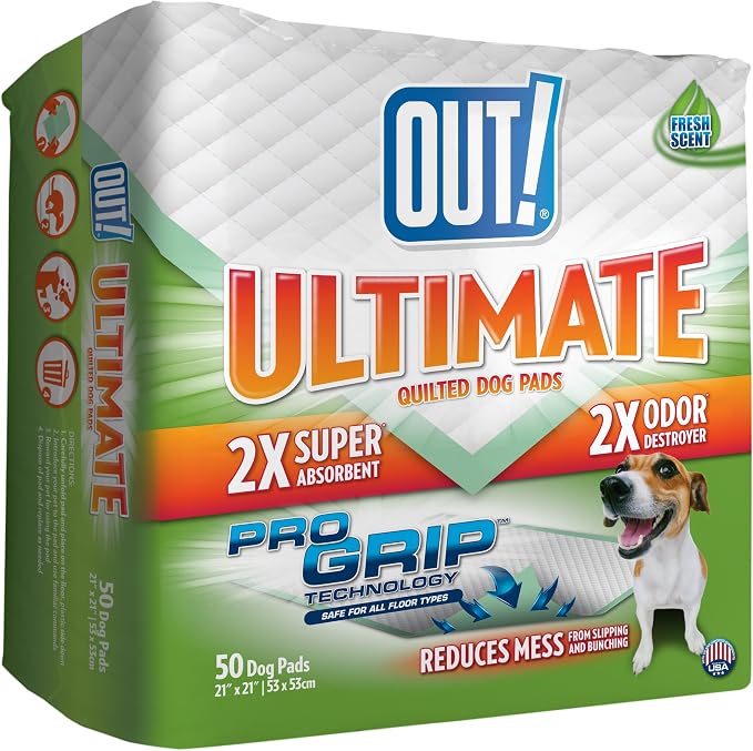 OUT! Petcare Large Dog Pee Pads, Disposable Quilted Training Pads with Pro-Grip, Leak Proof Absorbent Backing, Fast Drying, Puppy Housebreaking, Non Slip, Indoor Pet Potty Supplies, 21x21, 50 Count