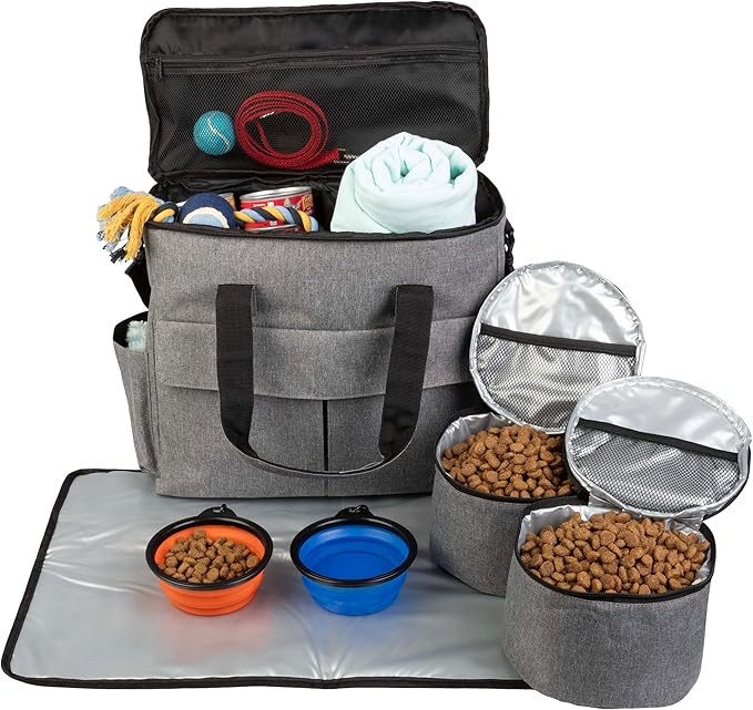 Dog Travel Bag - Cat and Dog Storage Organizer with Pockets, Mat, 2 Food Containers, and 2 Large Collapsible Travel Dog Bowls by PETMAKER (Gray)