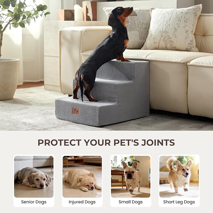 Dog Stairs for Small Dogs, 3-Step 13.5" H Ramp for Couch and Bed, Non-Slip Foam Pet Stairs for Indoor Living Room Bedroom Side, Grey
