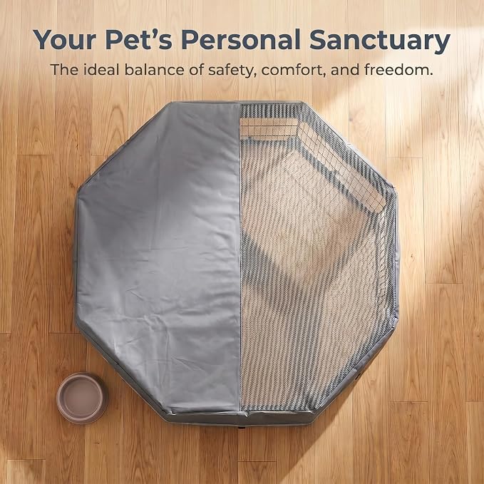 PJYuCien Octagonal Playpen Top Cover for 24" Side Metal Pet Pen, Half Mesh Half Oxford with Silver Coating & Snap Hooks, Predator & Weather Protection, Cozy Den for Puppy Small Animals, Gray