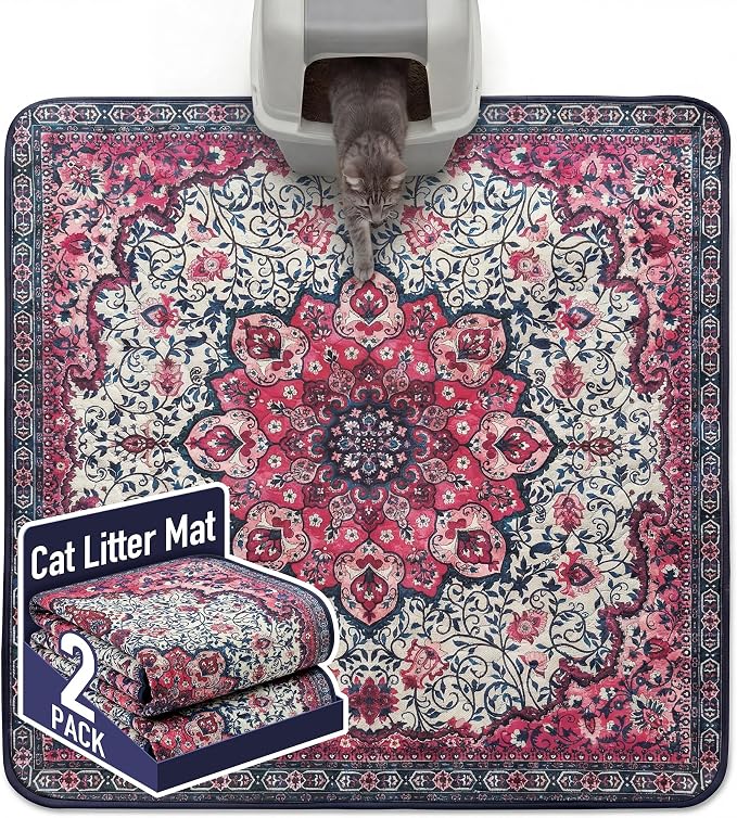 Hompet Cat Litter Mat 2 Pack, 54x54 Large Machine Washable Trapping Mats for Cats, Super Absorbent & Urine-Proof Cat Litter Box Mat for Floor, Waterproof & Non Slip Kitty Litter Rug