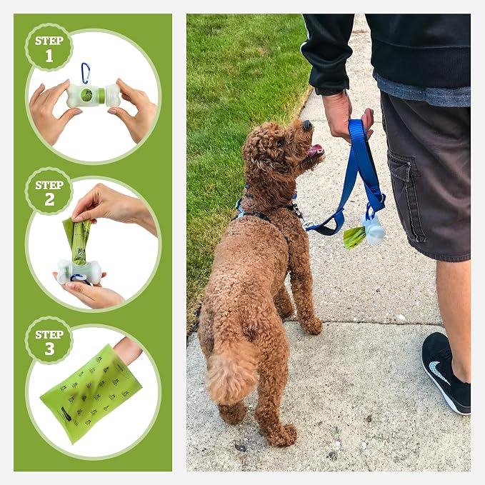 Pogi’s Dog Poop Bag Dispenser – Holder with Metal Carabiner for Leashes, Includes 15 Fresh Scented Bags
