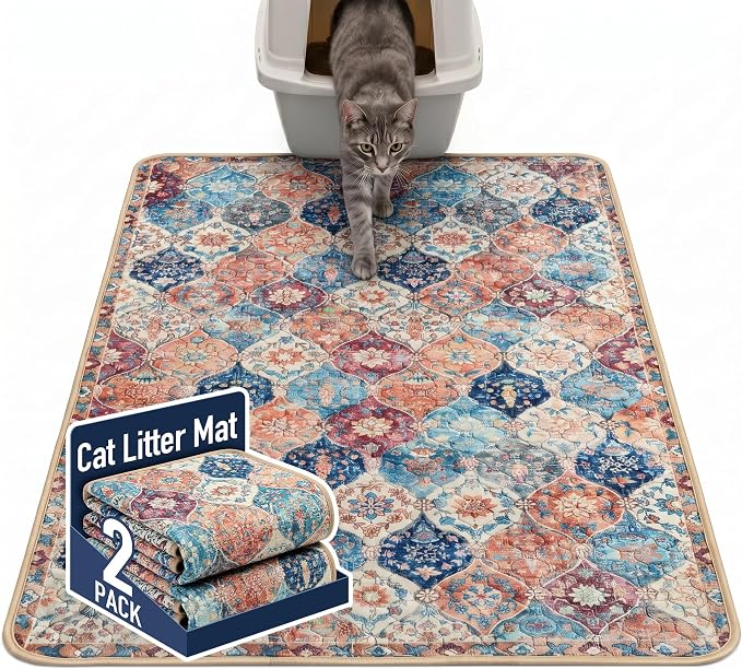 Hompet Cat Litter Mat 2 Pack, 48x60 Large Machine Washable Trapping Mats for Cats, Super Absorbent & Urine-Proof Cat Litter Box Mat for Floor, Waterproof & Non Slip Kitty Litter Rug
