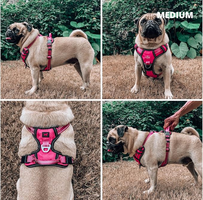 Tuff Pupper No Pull Easy Walk Dog Harness | Heavy Duty Pet Vest | Front & Back Leash Clips | Strong Safety Handle | Reflective Anti Pull Vest | Comfortable Padded Escape Proof Harness (Medium, Pink)