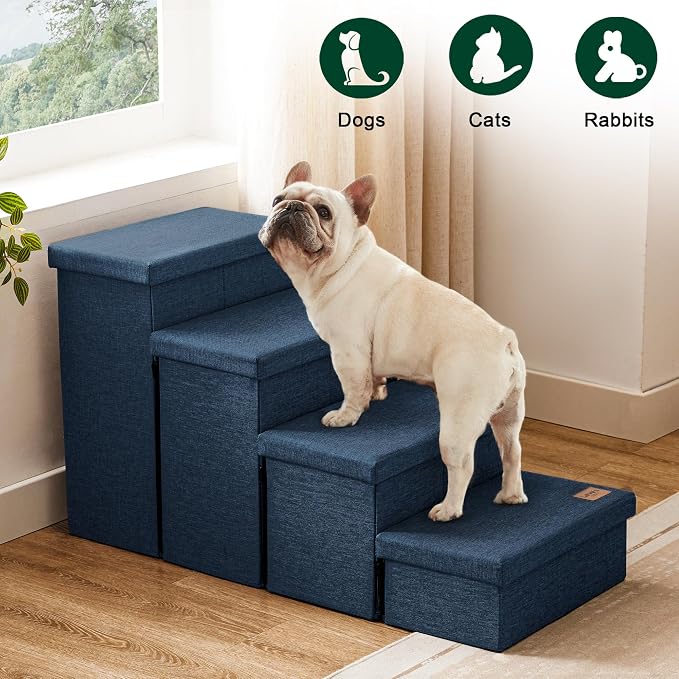 Love's cabin Dog Stairs for Small Medium or Large Dogs with Storage and Adjustable Steps, Foldable Cat Steps for Bed or Couch, 4-Step Folding Ramp with Zip up to 200 lbs, Navy Blue