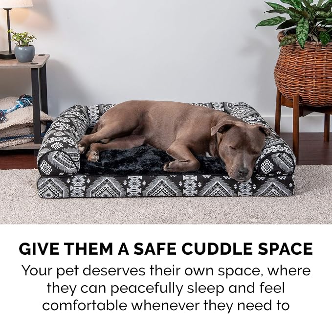 Furhaven Memory Foam Dog Bed for Large Dogs w/ Removable Bolsters & Washable Cover, For Dogs Up to 125 lbs - Plush & Southwest Kilim Woven Decor Sofa - Black Medallion, Jumbo Plus/XXL