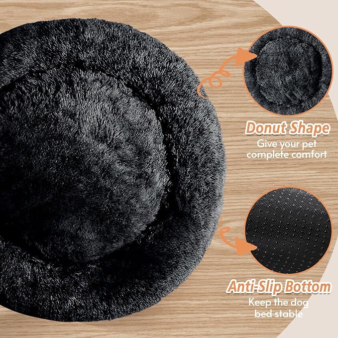 JOLLYVOGUE 23" Calming Donut Dog & Cat Bed, Black