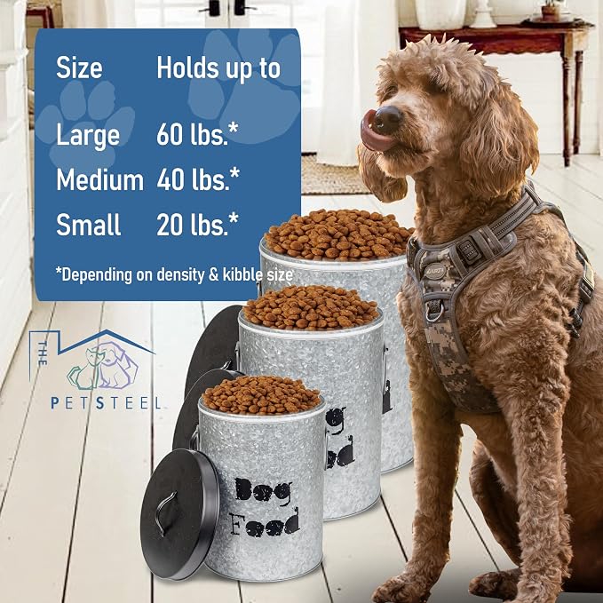 Medium 30lb Cat & Small 20lb Dog Pet Food Storage Canister with Scoop – Durable & Airtight for Freshnesss, Minimalist Design & Recyclable, Medium Metal Container(Combo - Small Dog Bin & Med Cat Bin)