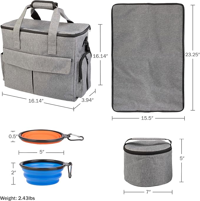 Dog Travel Bag - Cat and Dog Storage Organizer with Pockets, Mat, 2 Food Containers, and 2 Large Collapsible Travel Dog Bowls by PETMAKER (Gray)