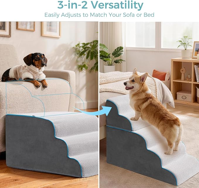 Dog Stairs, Steps and Ramp for High Bed & Sofa, 13-24" H Detachable Pet Stairs for Small Medium Dogs, Sturdy 40D Foam, Non-Slip, Washable Cover with Lint Roller, Grey