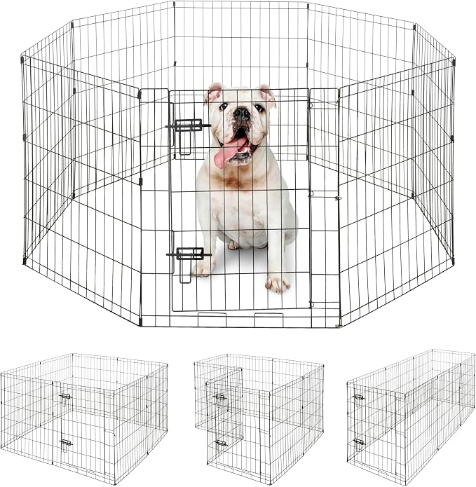 BOWHAUS Foldable Outdoor/Indoor Pet Playpen with Gate, Available in 30 Inch Height Metal Portable Kennel, Heavy-Duty Exercise Fence Cage 8 Panels for Medium Dog, Animals
