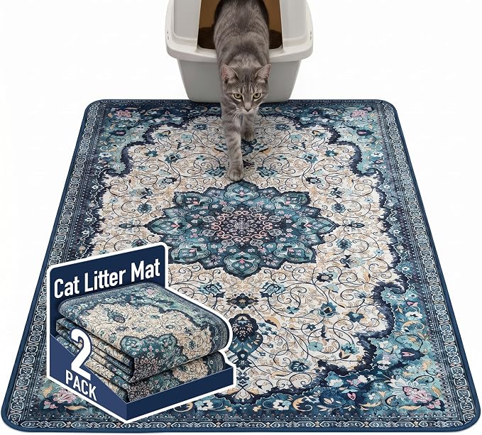 Hompet Cat Litter Mat 2 Pack, 48x72 Large Machine Washable Trapping Mats for Cats, Super Absorbent & Urine-Proof Cat Litter Box Mat for Floor, Waterproof & Non Slip Kitty Litter Rug