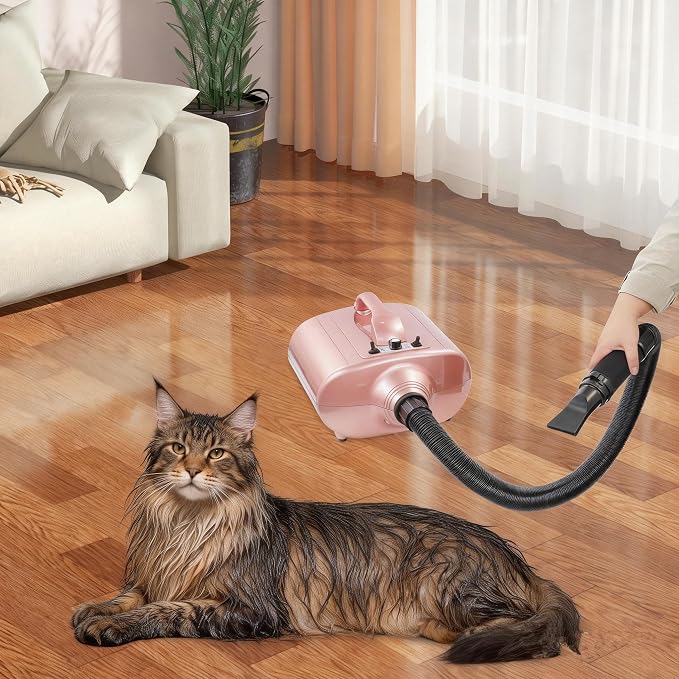 High Velocity Pet Dryer, 3600W Adjustable Airspeed (98.43-229.66 ft/s) & Temperature (77-149℉), Dual Motor Dog Grooming Blower with 2 Nozzles - Pink