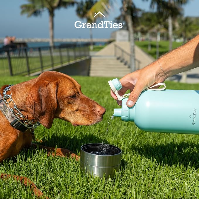 GrandTies Insulated Portable Dog Water Bottle with 2 Detachable Bowls, 64oz, Powder Green