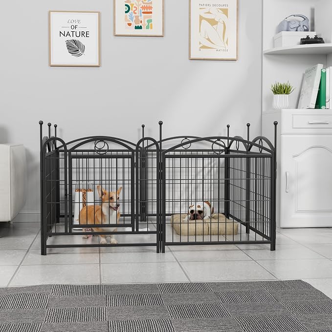 24" Heavy Duty Metal Dog Playpen, 8 Panel Foldable Pet Fence with Door | Rustproof iron & gravity lock door; easy DIY assembly. Foldable & portable for travel, perfect for dogs & pets.
