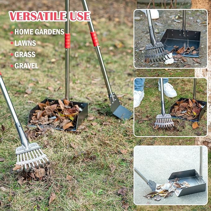 FUSBUNTY Dog Pooper Scooper Set, Pooper Scooper for Dog, Heavy Duty Stainless Steel Rake with Extra Large Tray & Spade No Bending Clean Up for Pet Waste Removal, for Grass, Dirt Or Gravel.