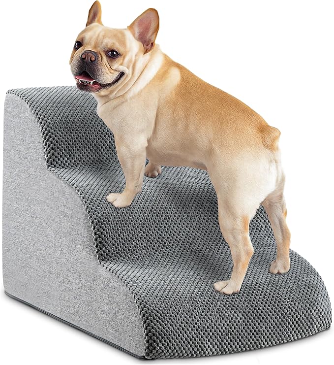 Dog Stairs, 15.7” H – 3-Step Foam Ramp for Small Dogs & Cats, Waterproof Washable Cover, Non-Slip Base, Lightweight Pet Ladder for Couch or Bed (Grey)