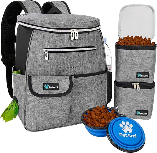 PetAmi Dog Travel Bag Backpack, Airline Approved, with Food Container & Bowls, Gray