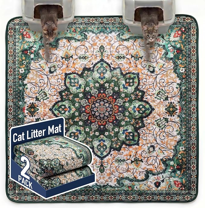 Hompet Cat Litter Mat 2 Pack, 72x72 Large Machine Washable Trapping Mats for Cats, Super Absorbent & Urine-Proof Cat Litter Box Mat for Floor, Waterproof & Non Slip Kitty Litter Rug