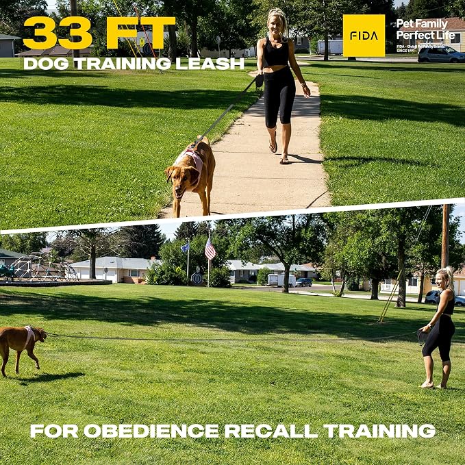 Fida Obedience Recall Training Agility Lead, 30FT Long Dog Leash, Black | 33FT & 50FT, Traffic Handle, Soft Padded, Reflective for Night Safety, Durable Nylon Dog leash for Small Medium Large Breeds