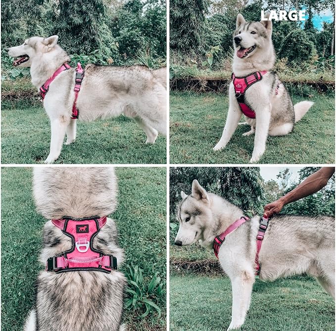 Tuff Pupper No Pull Easy Walk Dog Harness | Heavy Duty Pet Vest | Front & Back Leash Clips | Strong Safety Handle | Reflective Anti Pull Vest | Comfortable Padded Escape Proof Harness (Large, Pink)