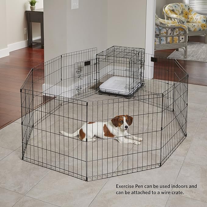 MidWest Homes for Pets 30-Inch Exercise Pen, for Indoor and Outdoor Use, 16 Sq Feet of Play, Single Door Folding Dog Pen, with Large Door Opening & Secure Latch, Easy to Set Up, Foldable Dog Playpen
