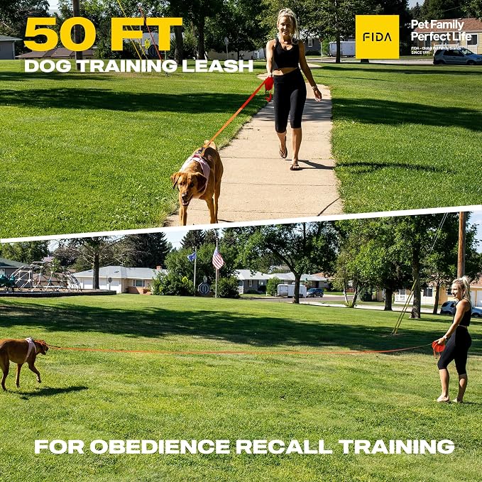 Fida Obedience Recall Training Agility Lead, 50FT Long Dog Leash, Orange | 33FT & 50FT, Traffic Handle, Soft Padded, Reflective for Night Safety, Durable Nylon Dog leash for Small Medium Large Breeds